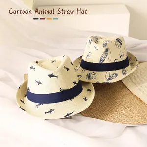 Kids breathable beige fedora straw hats with surf and fish patterns for sun protection