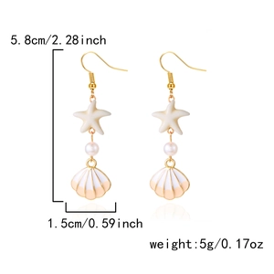 Detail showing shell and starfish drop earrings with size 5.8cm and weight 5g specs