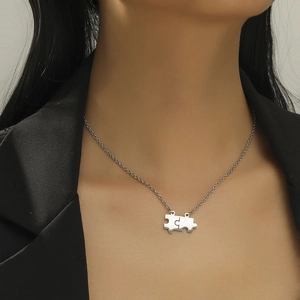 Minimalist stainless steel puzzle pendant necklace with silver link chain for couples