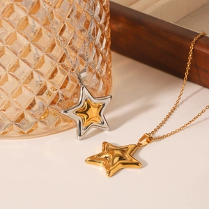 Two-tone gold and silver star pendant necklace in polished stainless steel for women