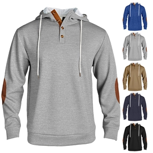 Men's solid color hoodie with button neck and contrasting elbow patches in various colors