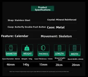 Detailed technical specifications for men's waterproof watch with hollow movement