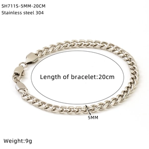 Detailed macro view of 5mm wide silver 304 stainless steel Cuban link chain bracelet