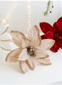 Detail of 30cm champagne velvet poinsettia with gold glitter edges for Xmas tree decoration