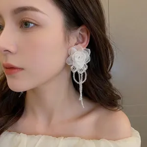 Boucles d'oreilles élégantes en organza blanc avec glands en perles de cristal
