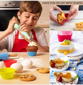 DIY colorful silicone baking molds in star, heart, and square shapes for cupcakes
