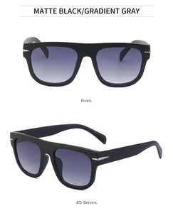 Detailed front and 45-degree view of matte black oversized sunglasses with silver rivets
