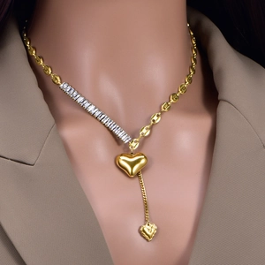 Stainless Steel Heart Pendant Necklace Asymmetric Coffee Bean Chain Zirconia Inlaid Retro Tassel Jewelry For Women