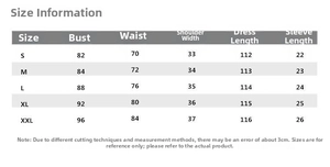 Size information chart with detailed measurements for women's high waist embroidered dress