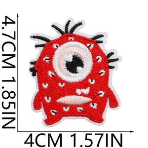 Detailed embroidery patch of red one-eyed monster with 4.7cm height measurements