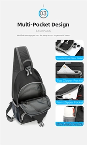 Detail showing multiple storage compartments and water-resistant nylon fabric of the bag