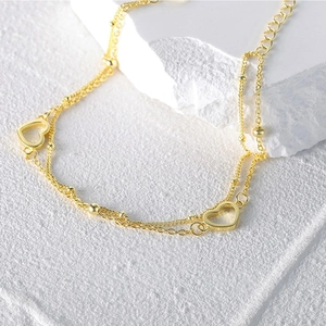 Double-layered gold heart bracelet with S925 engraved hollow pendants and small beads