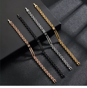 Polished stainless steel curb chain bracelets in rose gold, black, silver, and gold finish