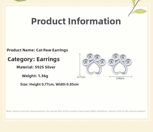 Detailed S925 silver cat paw stud earrings with micro-inlaid white cubic zirconia