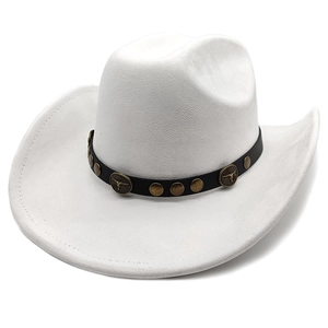 Detail of white suede cowboy hat featuring black leather band with bull head metal plate