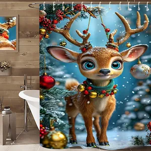Detail des Weihnachts-Duschvorhangs mit Rentier-Motiv und stabilen Metallösen im Bad