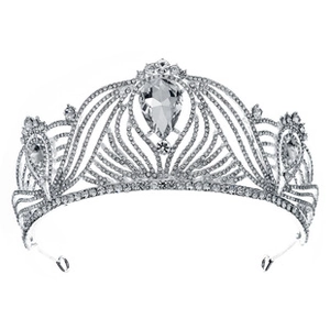 Detailed close-up of a silver crown with sparkling rhinestones and a large teardrop gem