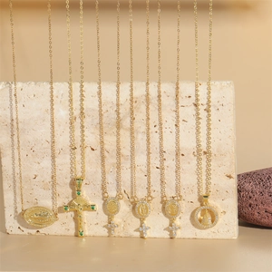 Religious Cross Pendant Necklace Copper Gold Plated With Zircon Retro Virgin Mary Jesus Medal Ins Style For Women