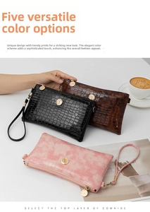 Close-up of elegant crocodile pattern clutch bags in black, brown, and pink tones