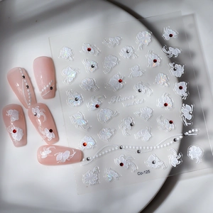 3D embossed floral nail stickers with white flowers and rhinestones design Co-125