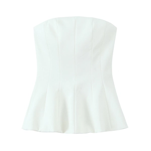 Elegant white strapless peplum top with cinched waist and pleated flared hem