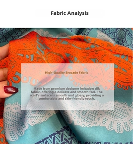 Détail d'un foulard en satin aux fleurs bleu et orange avec une texture fluide