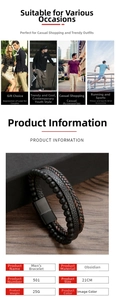 Detail of multi-layer obsidian bead bracelet with black leather band and metal clasp