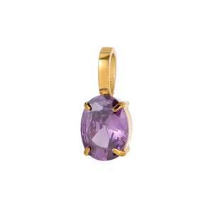 Detail showing an oval purple zircon pendant with a golden claw-set stainless steel finish
