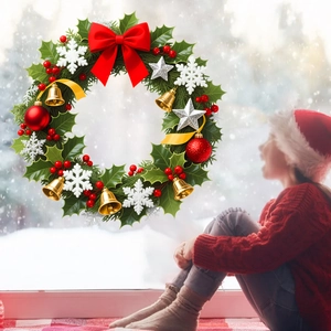 Detail of Christmas wreath with red bow, gold bells and berries against a snowy window