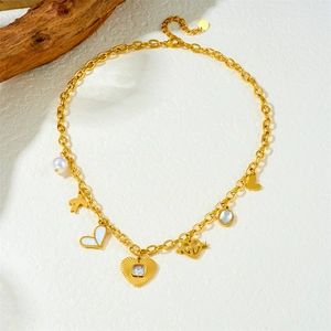 Gold stainless steel chain necklace with multi-element heart pendants and white pearls