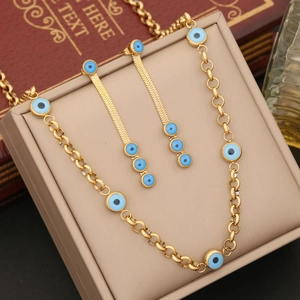 Parure bijoux Mauvais Œil avec boucles d'oreilles dorées et collier émaillé bleu