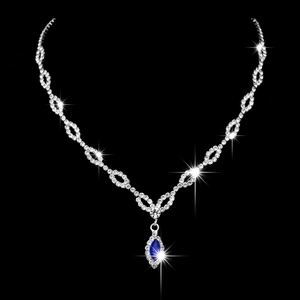 Parure de mariage argentée avec pendentif strass bleu roi en forme de poire et cristaux