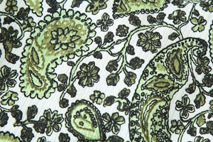 Close-up of green Paisley embroidery on ruffle blouse with detailed fabric texture