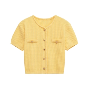 Classic yellow short sleeve knit cardigan with gold buttons and a clean crew neck