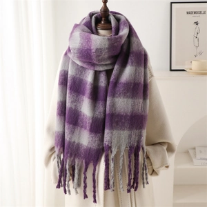 Winter plaid cashmere-like scarf with fringe in purple and gray for warm protection