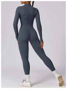 Rear view of sleek dark blue long sleeve yoga catsuit with high stretch athletic fabric