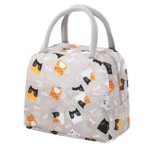 Grey insulated lunch bag with cartoon cats print and durable dual handles for kids