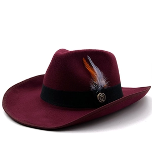 Detail of burgundy felt hat with anchor button and colorful feathers on black band