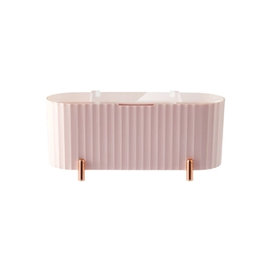 Pink striped cotton pad storage box with gold legs and transparent lid on white background