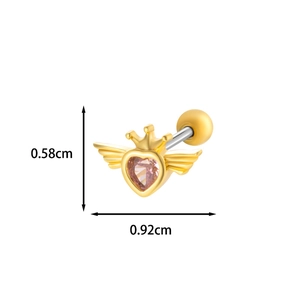 Detailed view of crown heart wing ear stud with pink gemstone and size dimensions