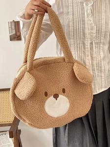 Cute brown teddy fleece bear tote bag with 3D ears and cartoon face for women
