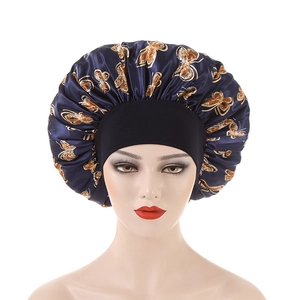 Butterfly Print Polyester Satin Sleep Cap For Women Wide Elastic Band High Stretch Bonnet Cap Hair Care Night Headwear
