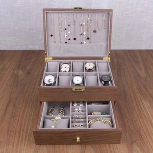 Double layer wooden watch and jewelry storage box, multi-functional display organizer case.