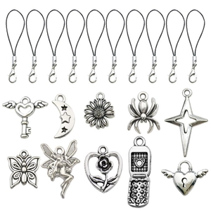 Antique silver spider and moon alloy pendant charms with black lobster clasp lanyards