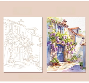 Detail view of European architecture coloring page with side-by-side watercolor example