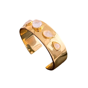 Retro 18K gold plated wide open bangle with four pear-shaped moonstone-like gems