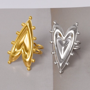 Heart Shaped Ring 304 Stainless Steel Beaded Edge Adjustable Open Design Vintage Chunky Jewelry For Women Men