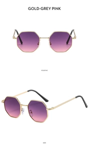 Detailed view of polygon sunglasses with gold metal frame and purple gradient lenses