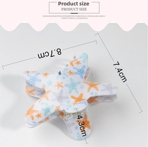 Detailed dimensions of blue starfish hair claw clip with smiley pattern 8.7x7.4x4.3cm