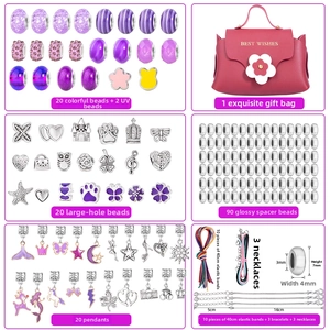 Detail view of DIY jewelry kit with purple beads, alloy pendants and red gift bag